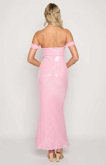 Ella Pink Sequin Off Shoulder Formal Maxi Dress