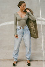 Notched V Neck Long Sleeve