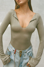 Notched V Neck Long Sleeve