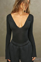 Notched V Neck Long Sleeve