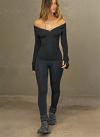 Notched V Neck Long Sleeve