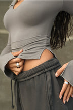 Notched V Neck Long Sleeve